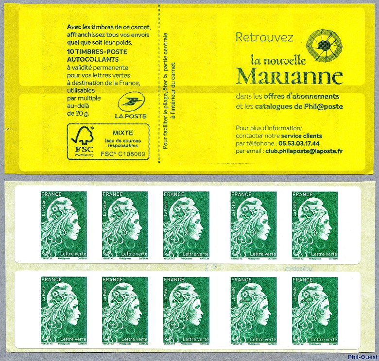 Marianne d’Yseult Digan<br /> Carnet de distributeur de 10 timbres autoadhésifs pour lettre verte jusqu´à 20g
<br />
« <i>Retrouvez la nouvelle Marianne dans les offres d’abonnement et les catalogues Phil@poste</i> »