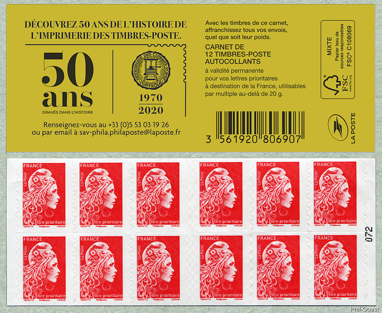 Marianne d´Yseult Digan<br /> Carnet de 12 timbres autoadhésifs pour lettre prioritaire jusqu´à 20g <br /> 50 ans de l´histoire de l´imprimerie des timbres-poste