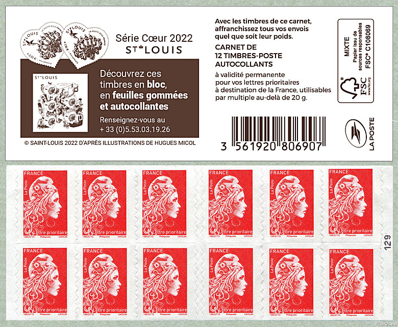 Marianne d´Yseult Digan <br /> Carnet de 12 timbres autoadhésifs pour lettre prioritaire jusqu´à 20g <br />Série Cœur 2022 Saint-Louis