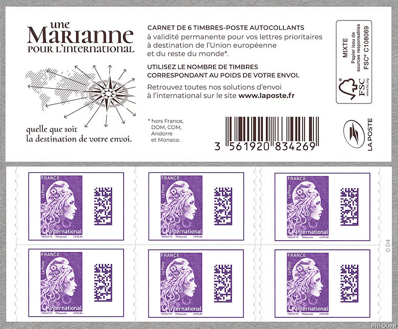 Marianne d´Yseult Digan<br /> Carnet de 12 timbres autoadhésifs pour lettre verte jusqu´à 20g vers l´international