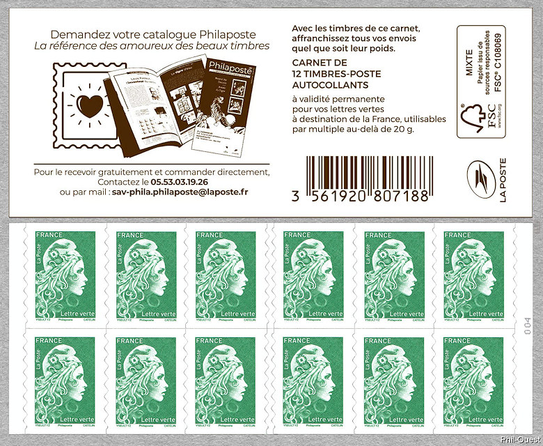 Marianne d´Yseult Digan<br /> Carnet de 12 timbres autoadhésifs pour lettre verte jusqu´à 20g<br />Demandes votre catalogue Philaposte <i>La référence des amoureux des beaux timbres</i>