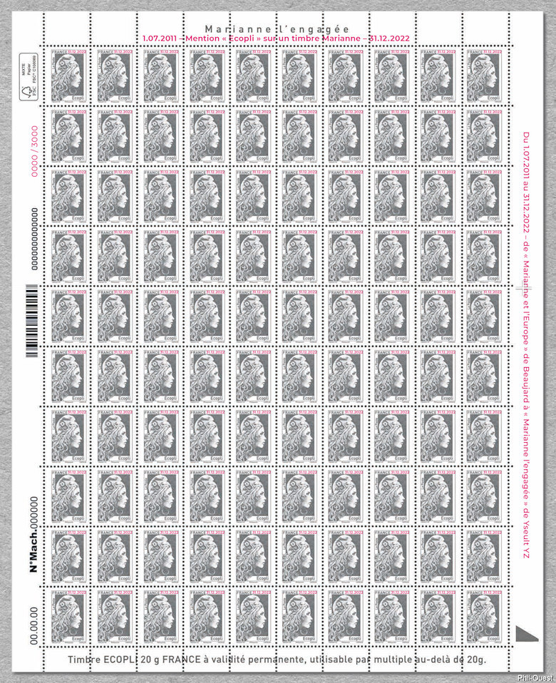 Image du timbre Marianne d'Yseult Digan surchargée-Dernier écopli jusqu'à 20g feuille de 100 timbres