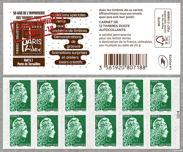 Marianne d´Yseult Digan<br /> Carnet de 12 timbres autoadhésifs pour lettre verte jusqu´à 20g  - Salon philatélique Paris PHILEX 2020<br /><i>Salon annulé pour cause de COVID - 19</i>