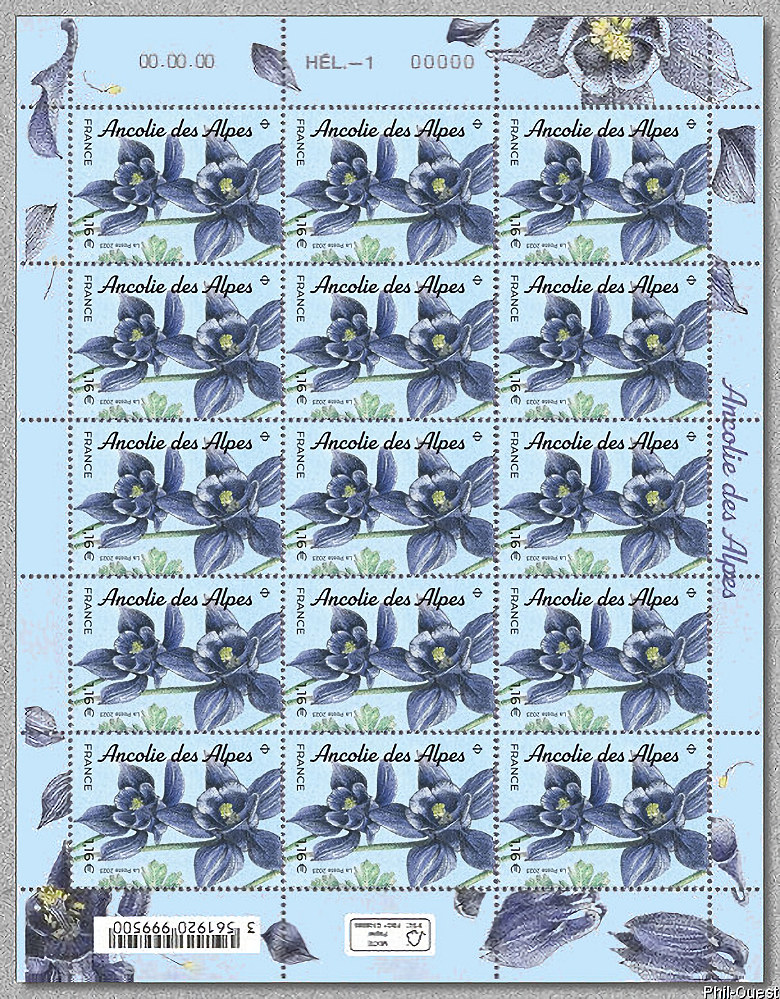 Ancolie des Alpes - Aquilegia alpina - feuille de 15 timbres