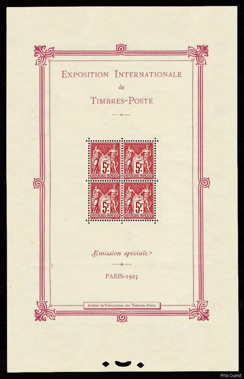 Exposition Internationale de Timbres-Poste - Paris 1925
<br />
Bloc-feuillet Groupe «Paix et Commerce»<br>Type Sage 5F carmin