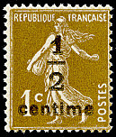 Image du timbre Semeuse fond plein sans sol  inscriptions grasses-½ c sur 1c bistre-olive