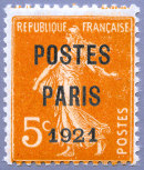 Image du timbre Semeuse 5c orange  fond plein sans sol préoblitéré-surchargé POSTES PARIS 1921