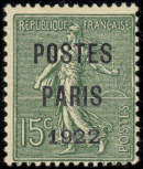 Semeuse lignée 15c vert   préoblitéré<br />surchargé POSTES PARIS 1922