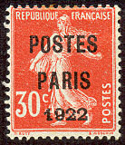Semeuse 30c rouge  fond plein sans sol préoblitéré<br />surchargé POSTES PARIS 1921