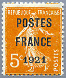 Semeuse 5c orange   fond plein sans sol préoblitéré<br />surchargé POSTES FRANCE 1921
