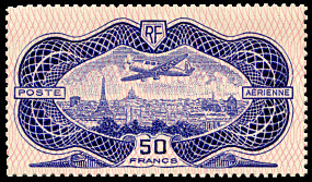 Image du timbre Avion survolant Paris, burelage rose-dit «le 50F burelé»