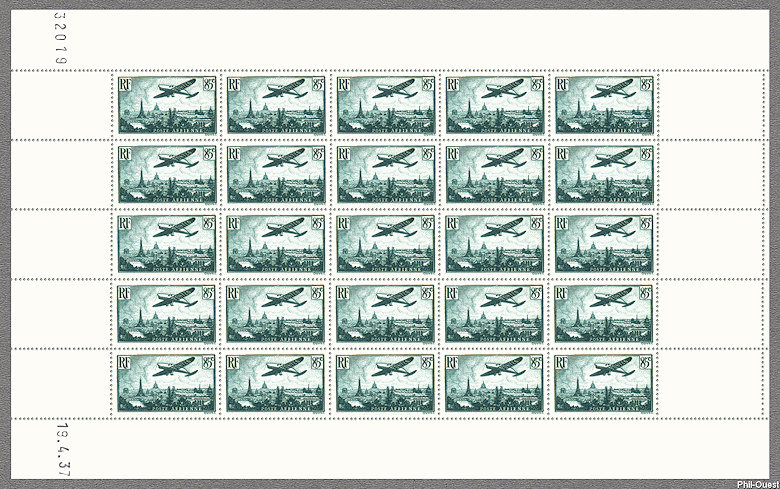 Image du timbre Avion survolant Paris 85c vert foncé - Feuille de 25 timbres
