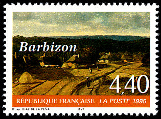 Image du timbre Les chaumières de BarbizonDétail du tableau de Díaz de la Peña