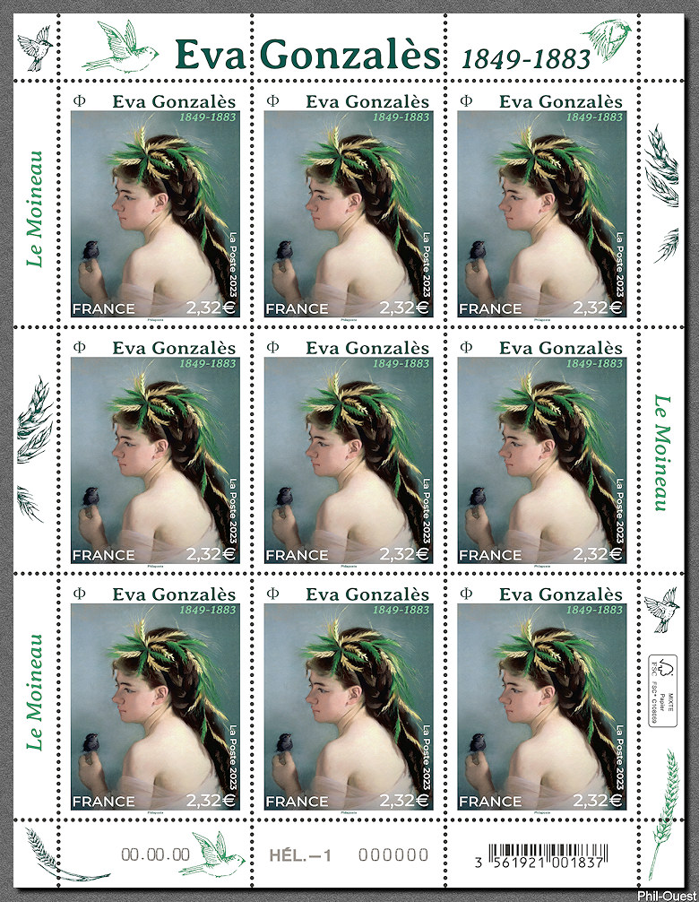 Image du timbre Eva Gonzalès  1849-1883 - «Le moineau»   Feuillet de 9 timbres