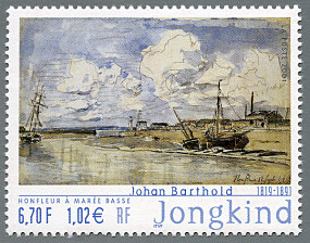 Image du timbre Honfleur à marée basseAquarelle de Johan Barthold Jongkind (1864)Musée du Louvre