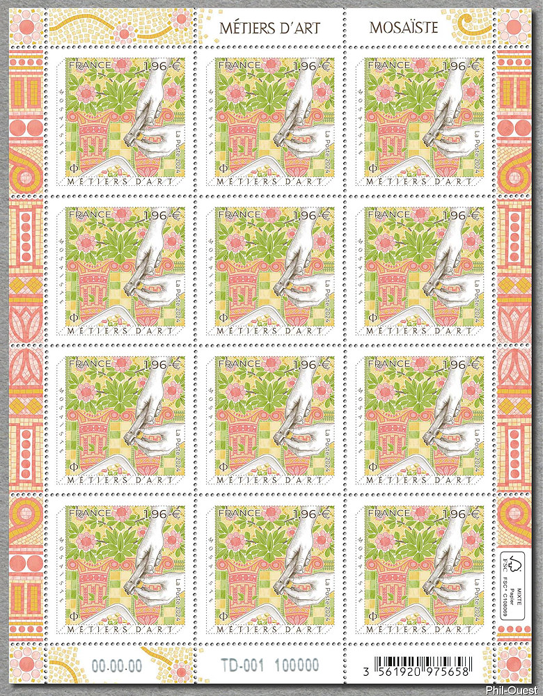 Image du timbre Feuille de 12 timbres du métier d'art de mosaïste