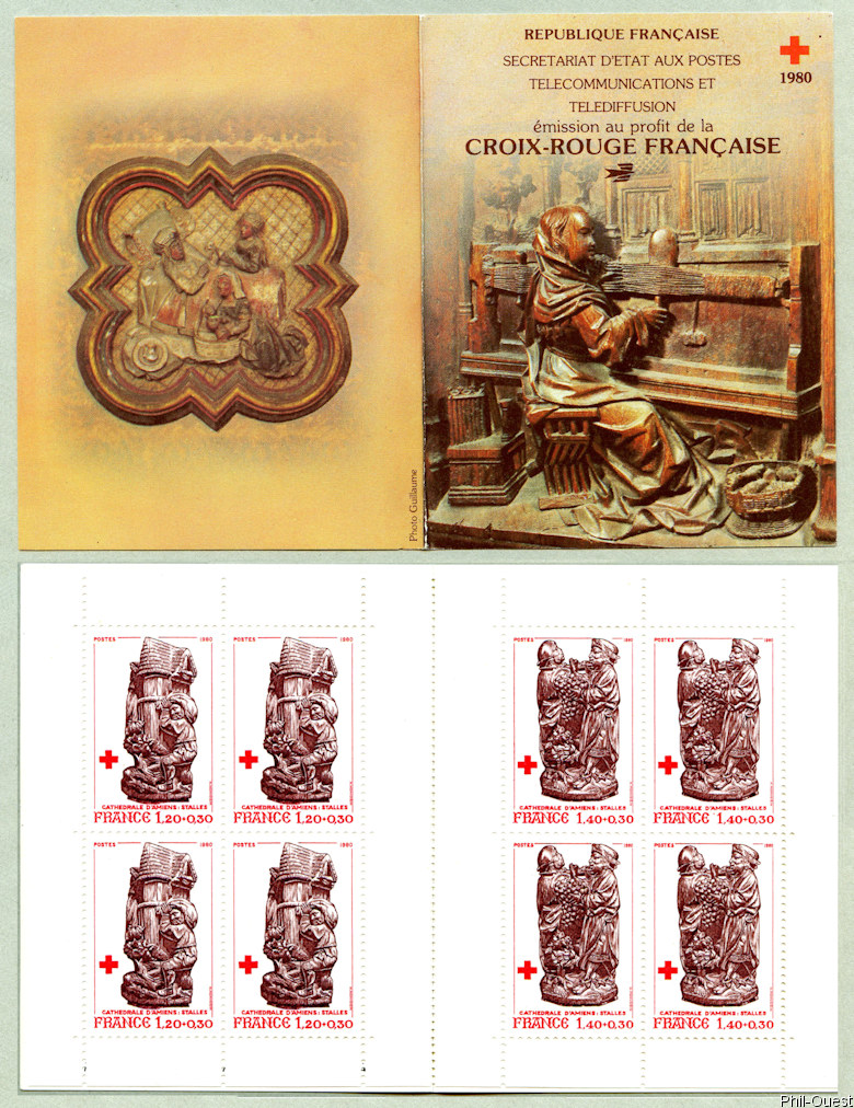 Image du timbre Stalles de la cathédrale d'Amiens-«Marie au tissage» -  «Remplissage des greniers» et «Le raisin de la Terre Promise»