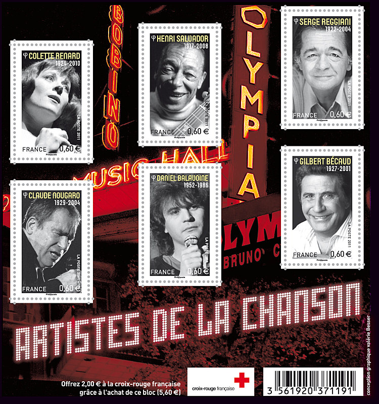 Image du timbre Colette Renard, Henri Salvador, Serge Reggiani, Claude Nougaro, Daniel Balavoine, Gilbert Bécaud.