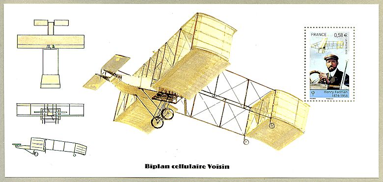 Image du timbre Souvenir philatélique Henry Farman 1874-1958 - Biplan cellulaire Voisin