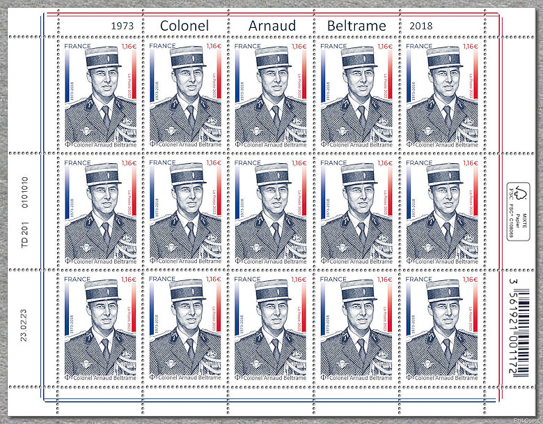 Image du timbre Feuillet de 15 timbres du Colonel Arnaud Beltrame 1973-2018