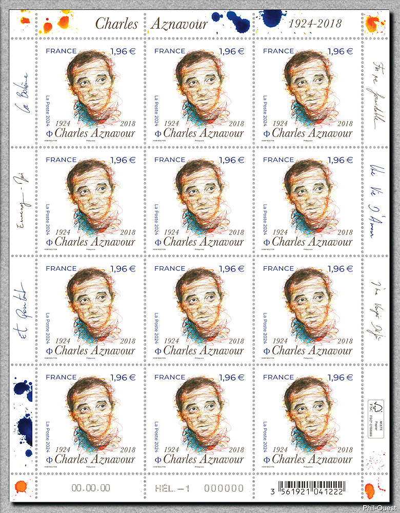 Image du timbre Charles Aznavour 1924-2018 - Feuille de  12 timbres