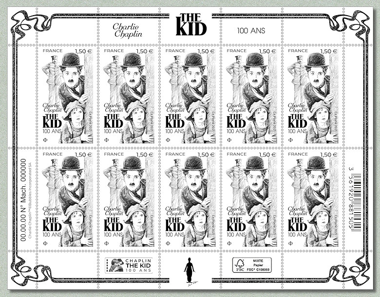 Image du timbre Charlie Chaplin THE KID 100 ANS -Le feuillet de  10 timbres