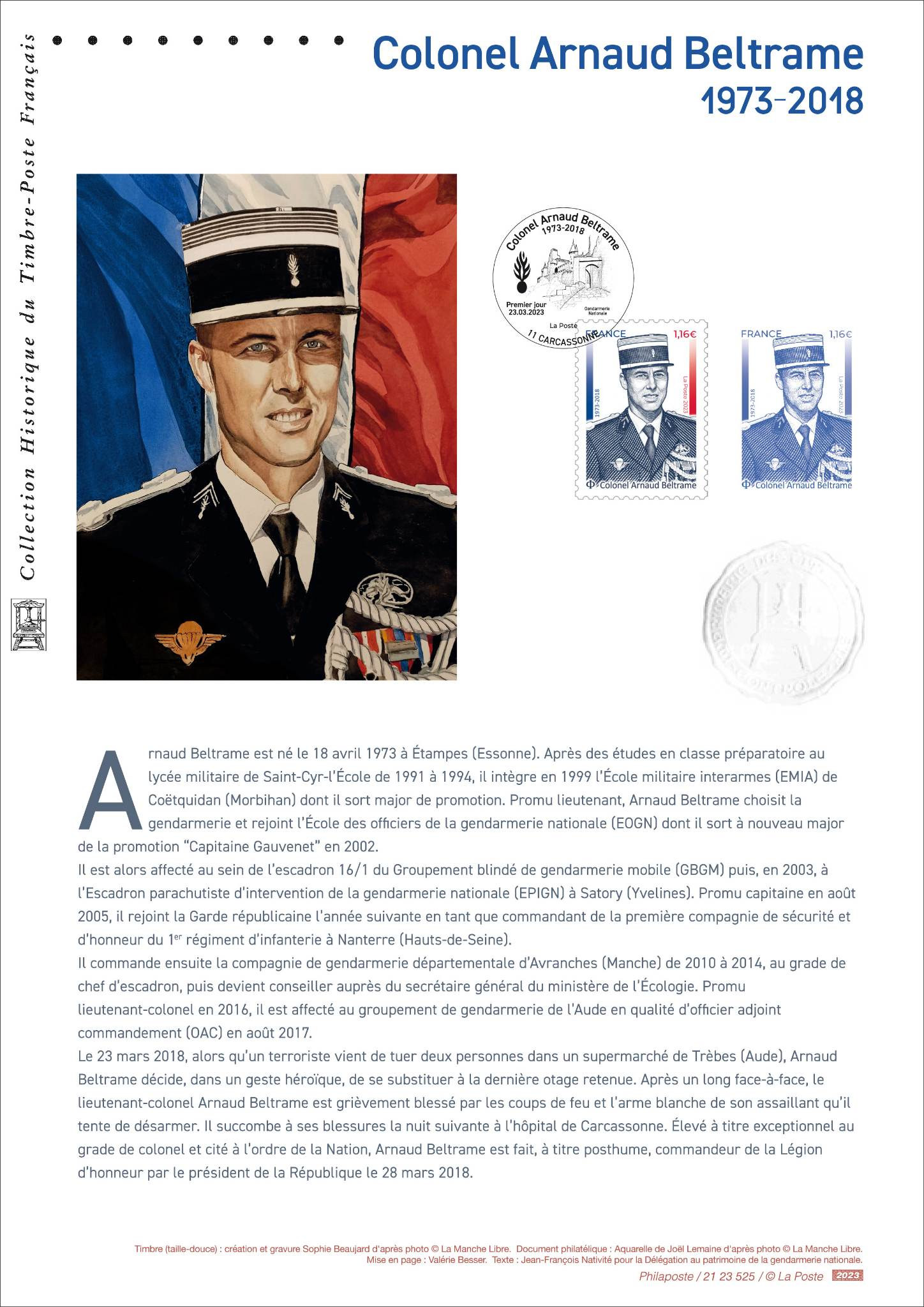 document historique du timbre-poste français consacré à  Arnaud Beltram