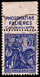 Image du timbre Jeanne  d´Arc-5ème centenaire de la délivrance d´Orléans-1429-1929-Bandeau publicitaire «Phosphatine Falières»