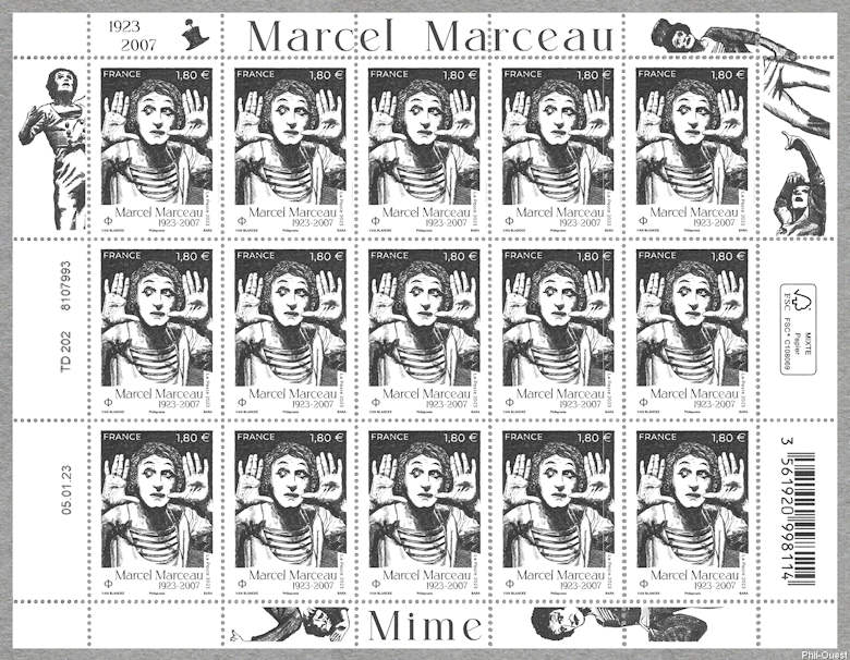 Image du timbre Feuillet de 15 timbres de Marcel Marceau 1923-2007