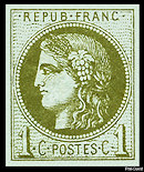 Image du timbre Cérès 1 centime vert olive sur fond bleuté