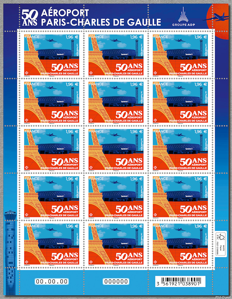 50 ans Aéroport Paris - Charles de Gaulle - Feuillet de 15 timbres