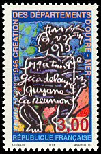Image du timbre 1946 création des départements d'outre-merMartinique, Guadeloupe, Guyane, La Réunion