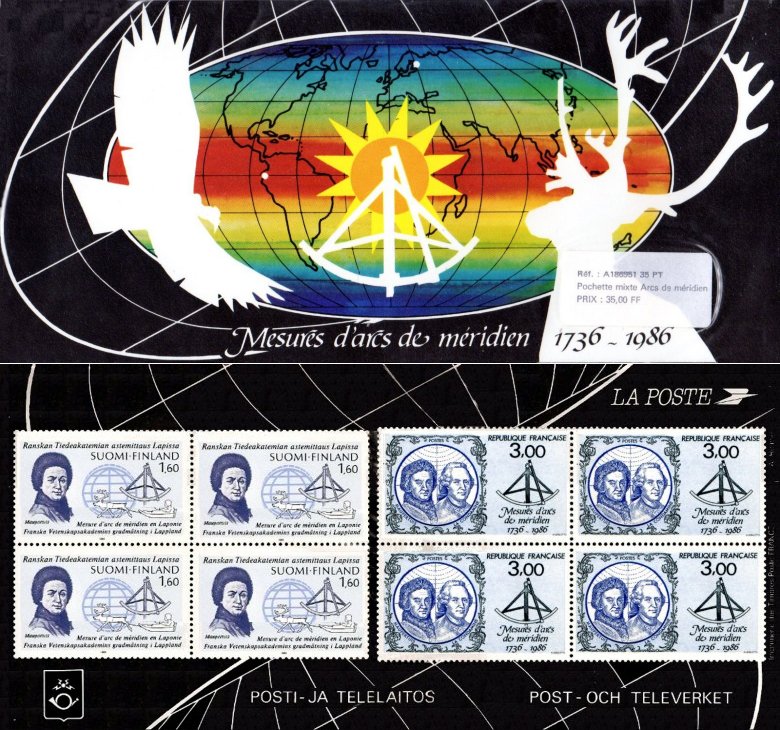 Image du timbre Pochette philatélique de la mesure d'arcs de méridien - Pierre Louis Moreau de Maupertuis - Charles Marie de La Condamine