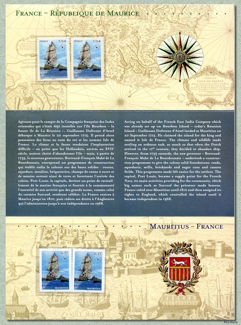 Image du timbre Pochette émission commune pour le 300e anniversaire du débarquement des Français à  l'Île Maurice