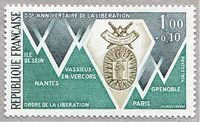 Image du timbre Ordre de la LibérationVilles «Compagnons de la Libération»Île de Sein et Nantes