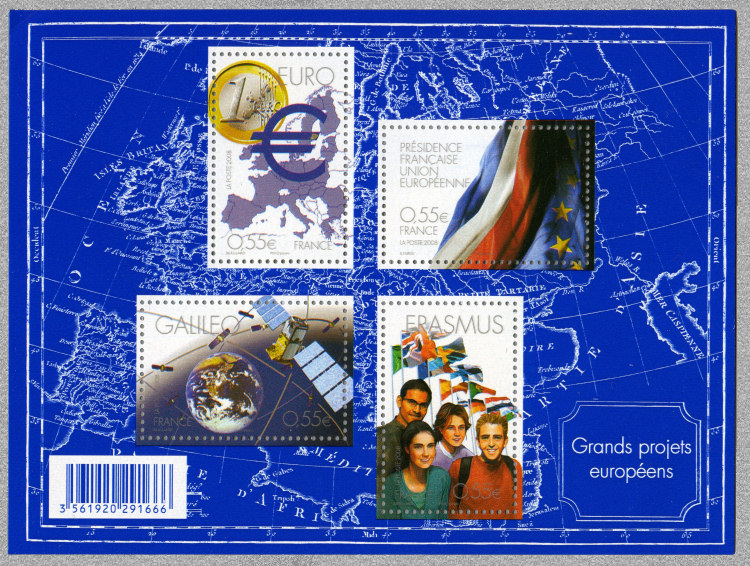 Image du timbre Grands projets européens-L'Euro, Galileo, Erasmus et Présidence Française de l'Union Européenne.