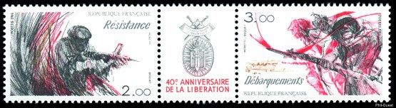 Image du timbre Bande  de 2 timbres et une vignette - 40ème anniversaire de la Libération