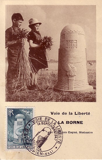 Timbre à date commémoratif de Saint  Symphorien le Château
«Voie de la Liberté - La Borne par François Cogné, statuaire»