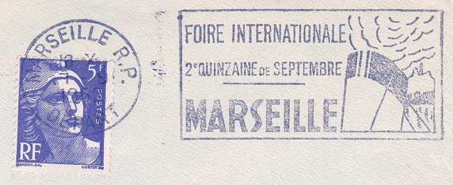 Flamme d´oblitération de Marseille R.P.
Foire internationale
2ème quinzaine de septembre