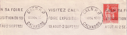 Flamme d´oblitération de Caen
«Visitez Caen, Foire-exposition 19 août - 2 septembre»