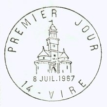 Oblitération 1er jour du timbre de la Porte et de la tour de Vire
