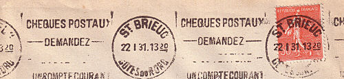 Flamme d´oblitération de Saint  Brieuc
«Chèques Postaux - Demandez un compte-courant»