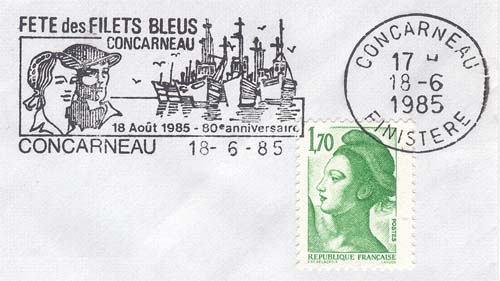 Flamme d´oblitération de Concarneau
«Fête des filets bleus 18 août 1985 - 80ème anniversaire»