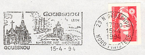 Flamme d´oblitération de Gouesnou
«Gouesnou Léon son église XVIIème, sa fontaine»