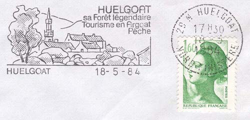 Flamme d´oblitération d'Huelgoat
«Sa forêt légendaire, tourisme en Argoat, pêche»