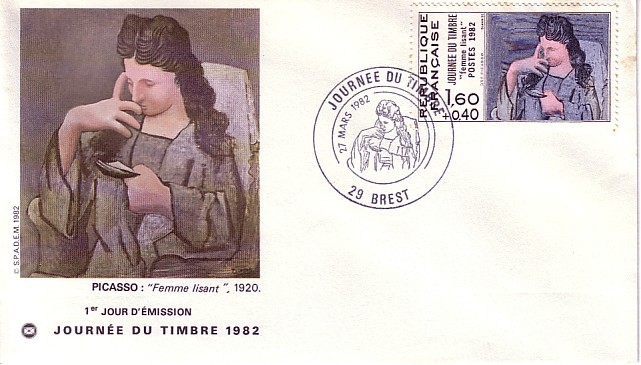 Timbre à date 1er jour de Brest
Journée du timbre 1982
PIcasso «Femme lisant»