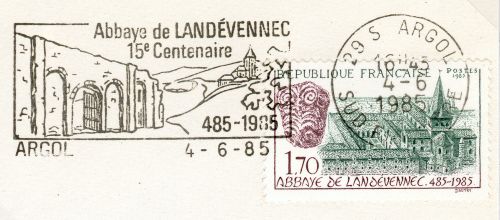 Flamme d´oblitération d´Argol
15ème centenaire de l´Abbaye de Landevennec - 485-1985