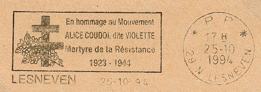 Hommage au mouvement Alice Coudol, dite Violette
Martyre de la Résistance - 1923-1944