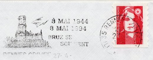 Flamme d´oblitération de Rennes Crimée
«Bruz se souvient»
8 mai 1944 - 8 mai 1994