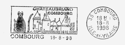 Flamme d´oblitération de Combourg,
150ème anniversaire de Chateaubriand